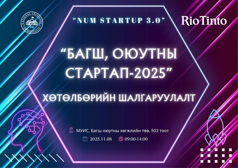 МУИС-ИЙН “БАГШ, ОЮУТНЫ СТАРТАП-2025” (NUM STARTUP 3.0) ХӨТӨЛБӨРИЙН ШАЛГАРУУЛАЛТ АМЖИЛТТАЙ БОЛЖ ӨНДӨРЛӨЛӨӨ. 